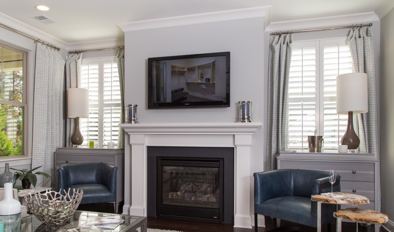 Miami fireplace with white shutters.